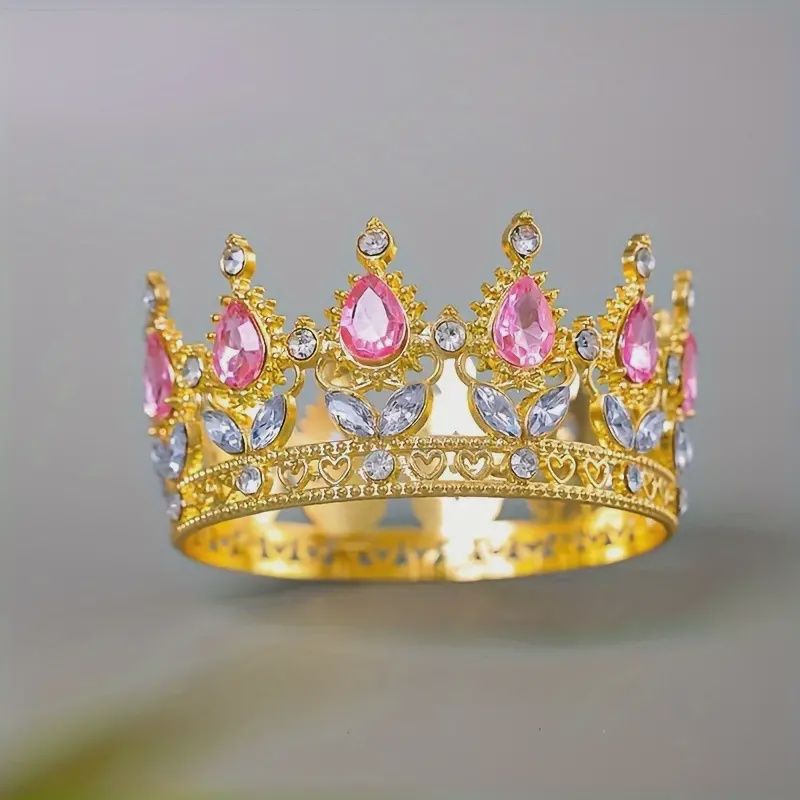 Baroque Style Rhinestone Crown Tiara, Color: Pink