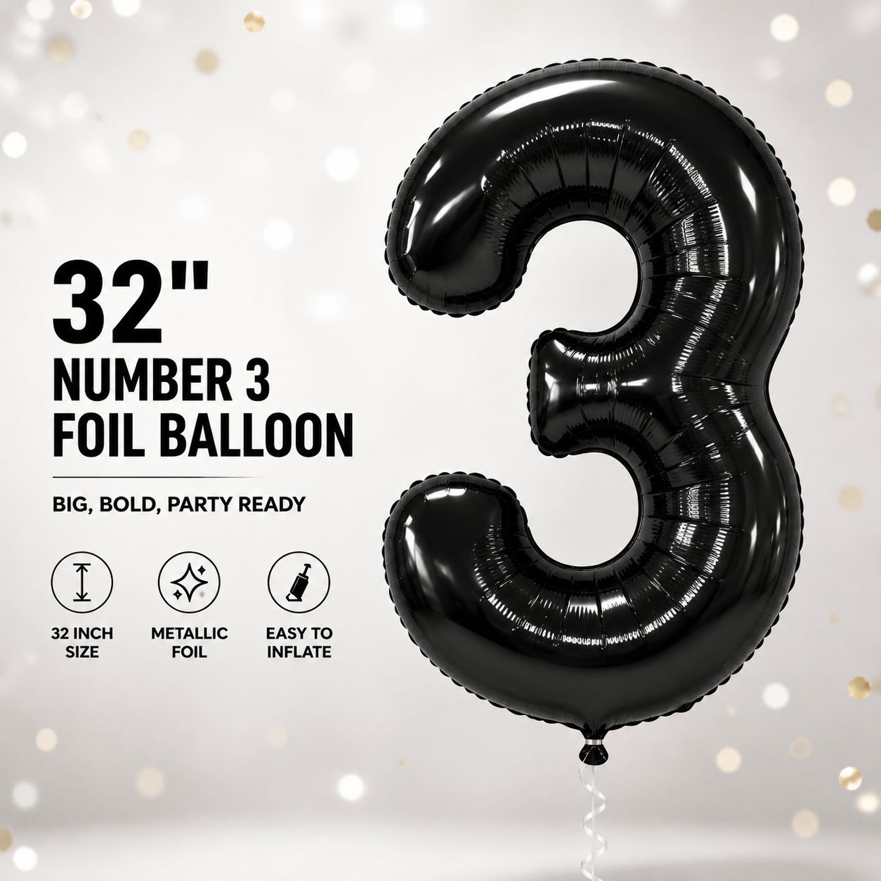 32" Black Number 3 Foil Balloon