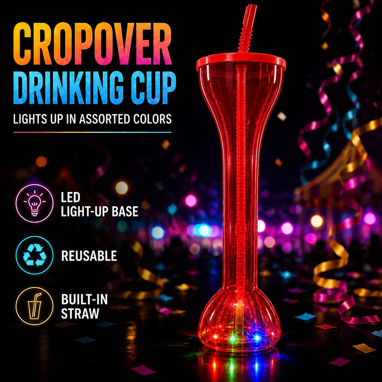 12" Flashing Lights Drinking Bottles with Straw, Color: Red