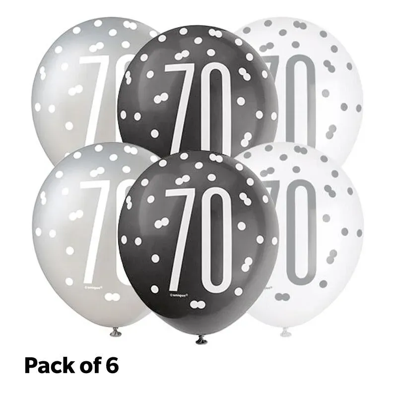 6pcs 12" Dots 70th Birthday Balloons (Silver, Black & Cream)
