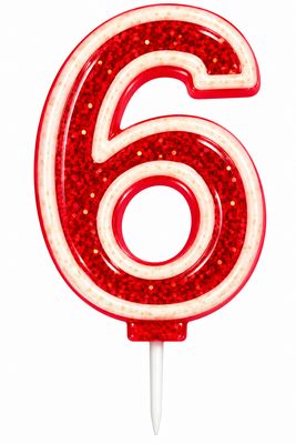 Number 6  Red Glitter Number Candle
