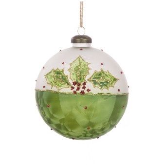 GLASS Holly Bauble Green