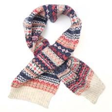 Recycled Poly &amp; Wool Blend Pull Through Scarf, Colour: Cream/denim/coral, Size: Short