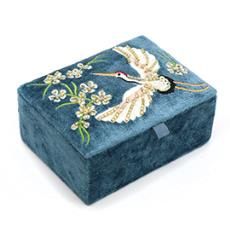 Crane Embroidered Accessories, Colour: Mid Blue, type: Embroidered Velvet Jewellery Box