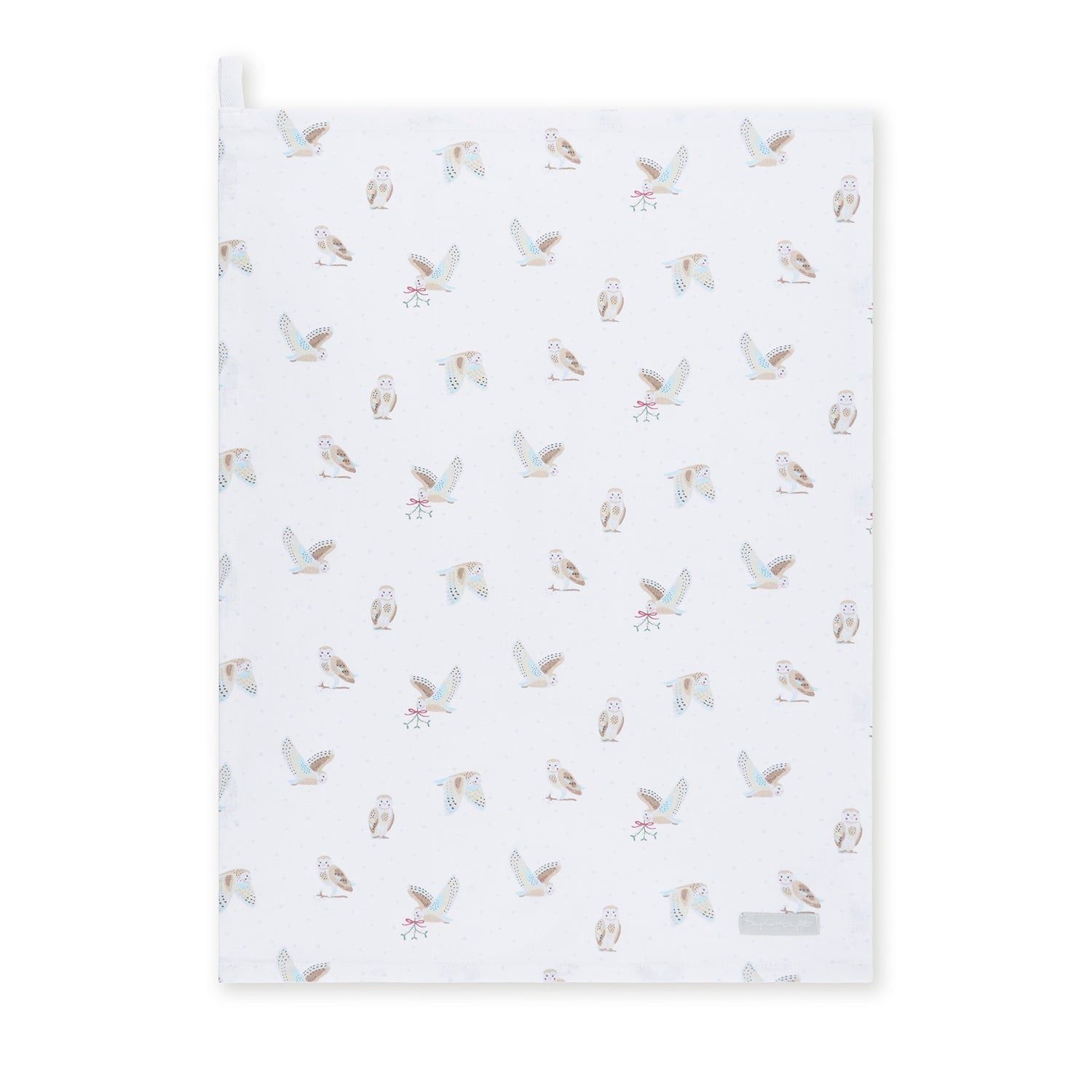 Sophie Allport Christmas Tea Towel, Pattern: Snowy Owls