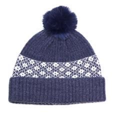 Panel Ribbed Winter Pompom Hat, Style: Dark Denim 52% Recycled Scandi Floral
