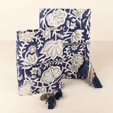2 pk Floral Block Printed Cotton Notebooks, Colour: Navy