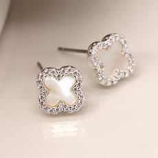 Silver Plated Crystal Edged Quatrefoil Studs