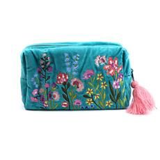 Turquoise Mix Velvet Washbag With Summer Meadow Embroidery