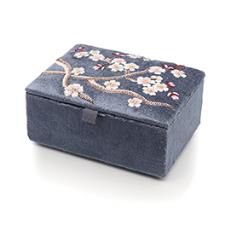 Cobalt Blue Velvet Small Jewellery Box With Sakura Embroidery