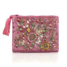 Blush Pink Velvet Zip Purse/pouch With Vintage Style Floral Embroidery