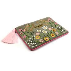 Sage Green And Pink Velvet Zip Purse/pouch In Meadow Embroidery With Bee