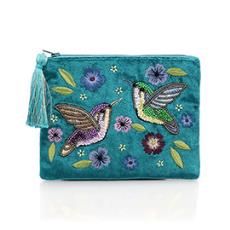Teal Velvet Zip Purse/pouch With Hummingbird Embroidery