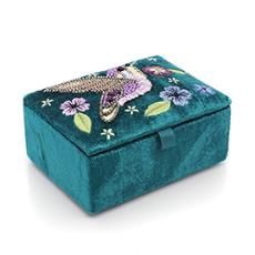 Teal Velvet Small Jewellery Box With Hummingbird Embroidery