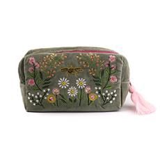 Sage Green And Pink Velvet Travel/make Up Bag In Meadow Embroidery With Bee, Colour: Sage Green Meadow Bee, type: Travel/Makeup bag