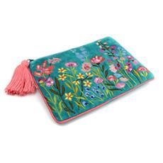 Turquoise Mix Velvet Zip Purse/pouch With Summer Meadow Embroidery, Colour: Turquoise Summer Meadow, type: Zip Purse