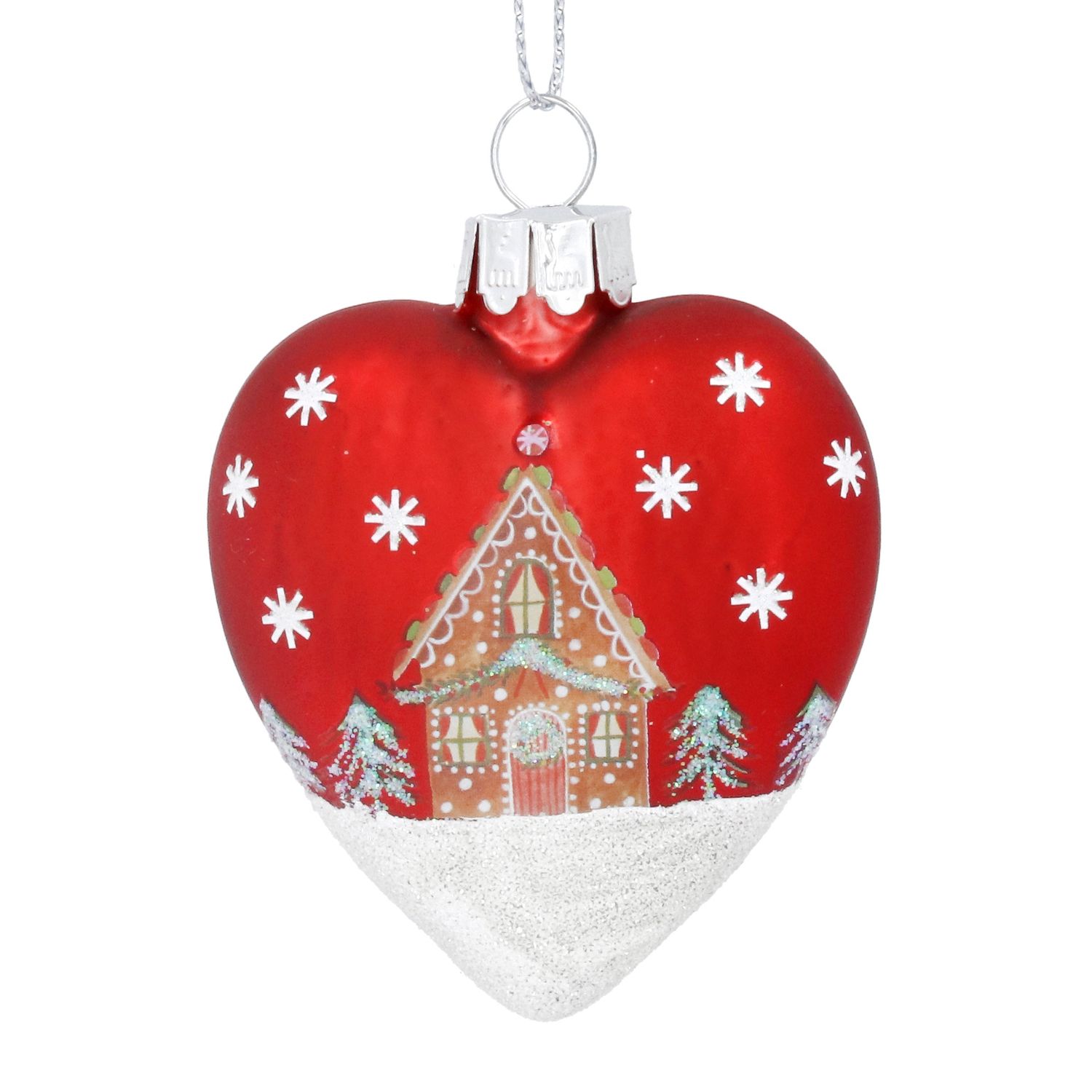 Matt Red Glass Heart with Gingerbread House