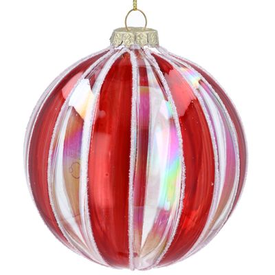 Clear Glass Ball with Red Stripe/White Glitter