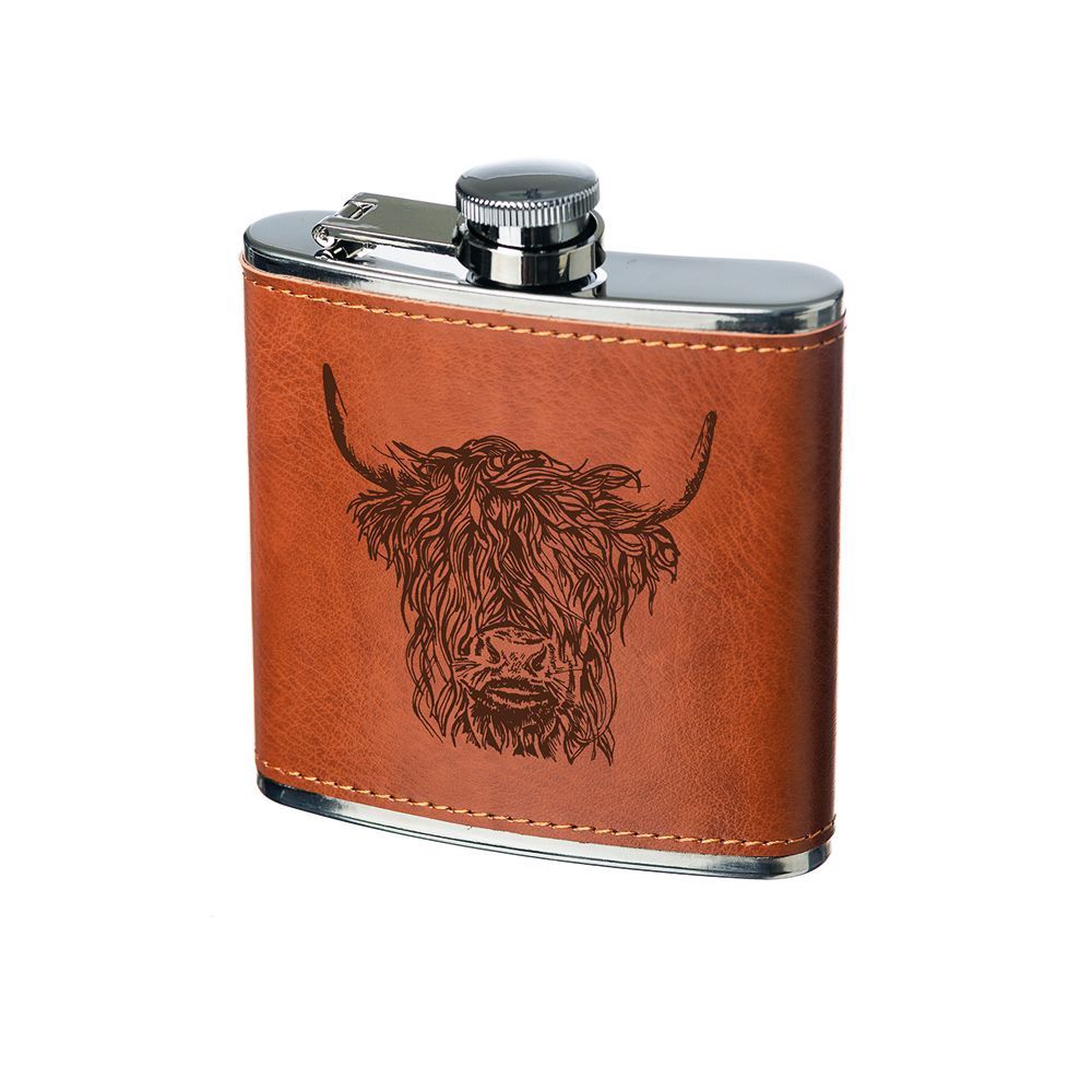 Engraved Leather Hipflask, Pattern: Highland Cow