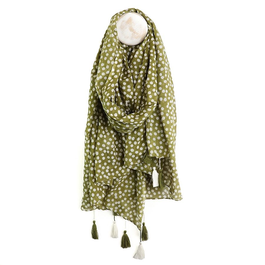 Cotton Tassel Scarf, Colour: Olive Dotty