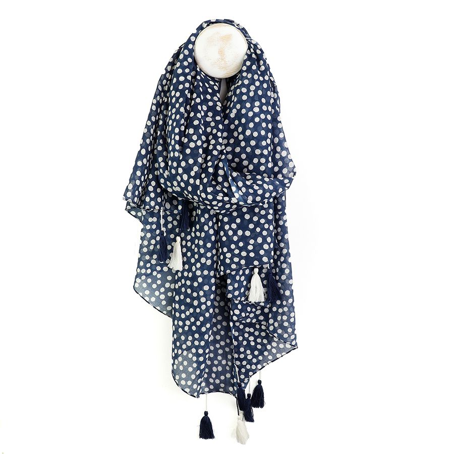 Cotton Tassel Scarf, Colour: Navy Dotty