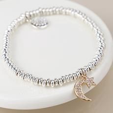 Silver Plated Bead Bracelet, Style: Moon And Star