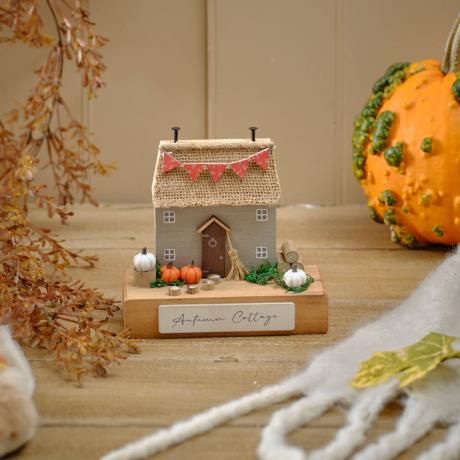Harvest Home Autumn Cottage Wood House Block With Pumpkins