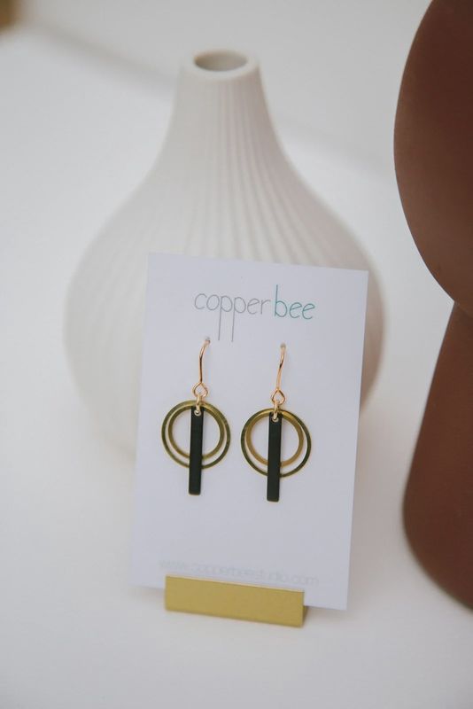 Black and Brass Double Circle Earrings with Oxidised Black Bar