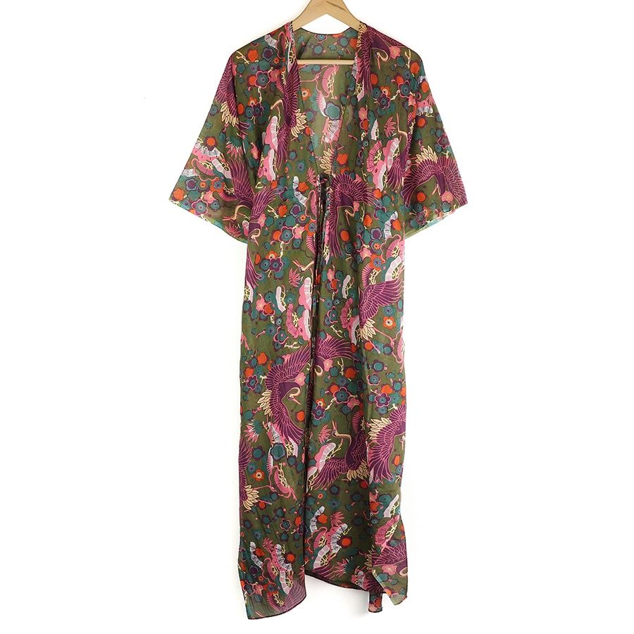 Cotton Kaftan, Style: Khaki And Purple Mix Bird