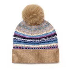Evie Camel And Blue Mix Pattern Knit Recycled Hat