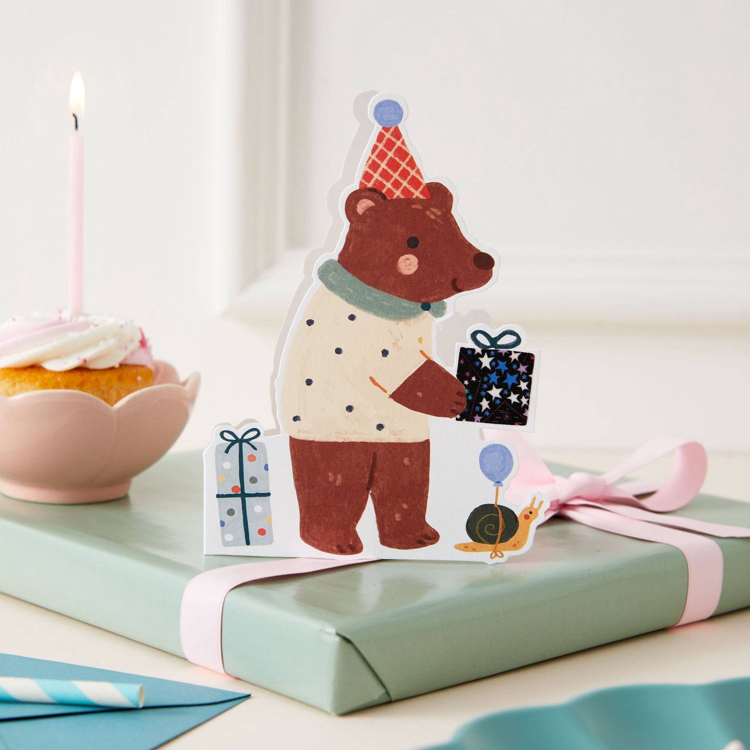 Bear Die Cut Card - Adelajda Liberty Fabric