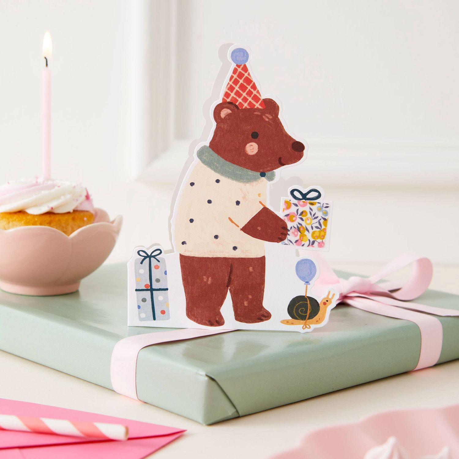 Bear Die Cut Card - Wiltshire Bud Liberty Fabric