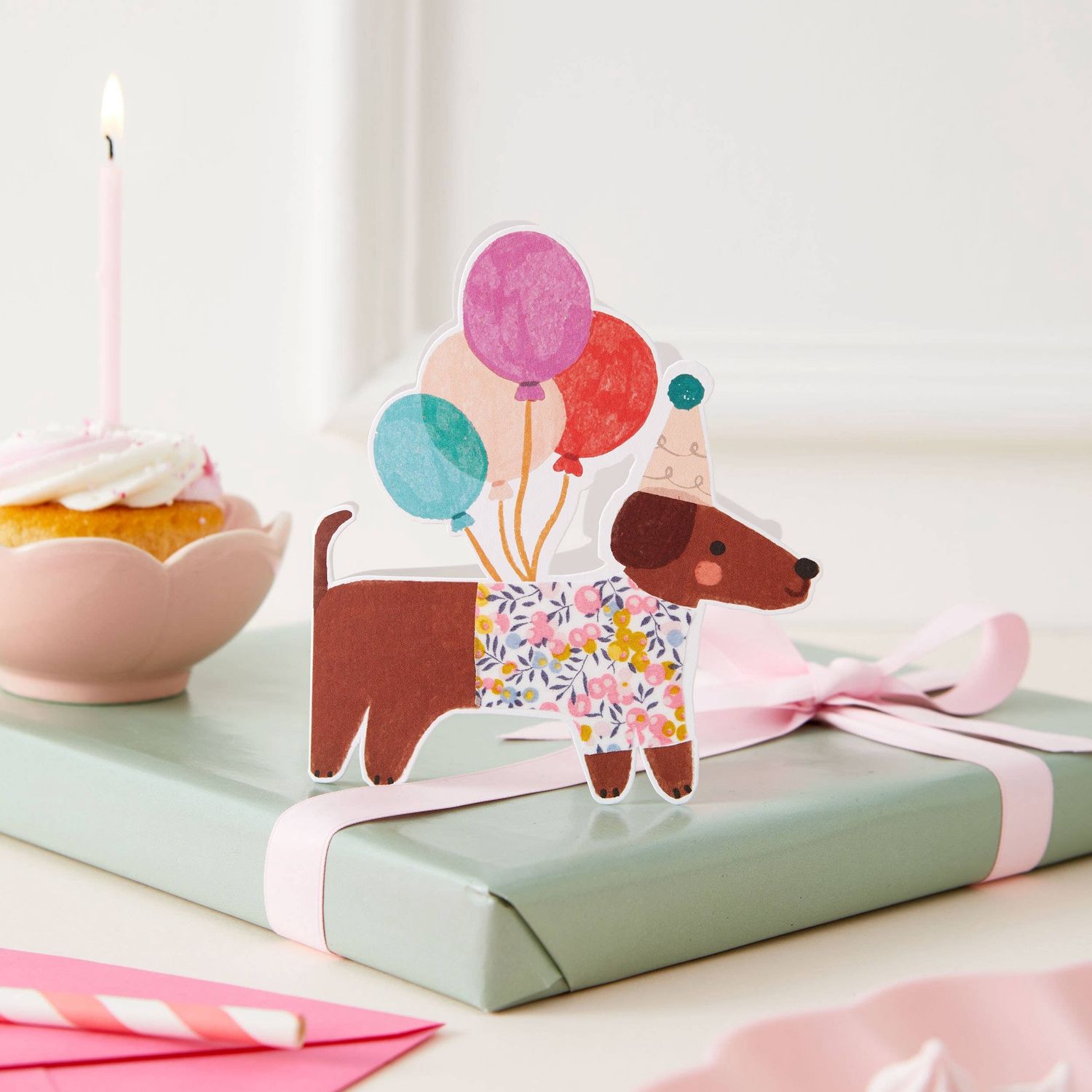 Sausage Dog Die Cut Card - Wiltshire Bud Liberty Fabric