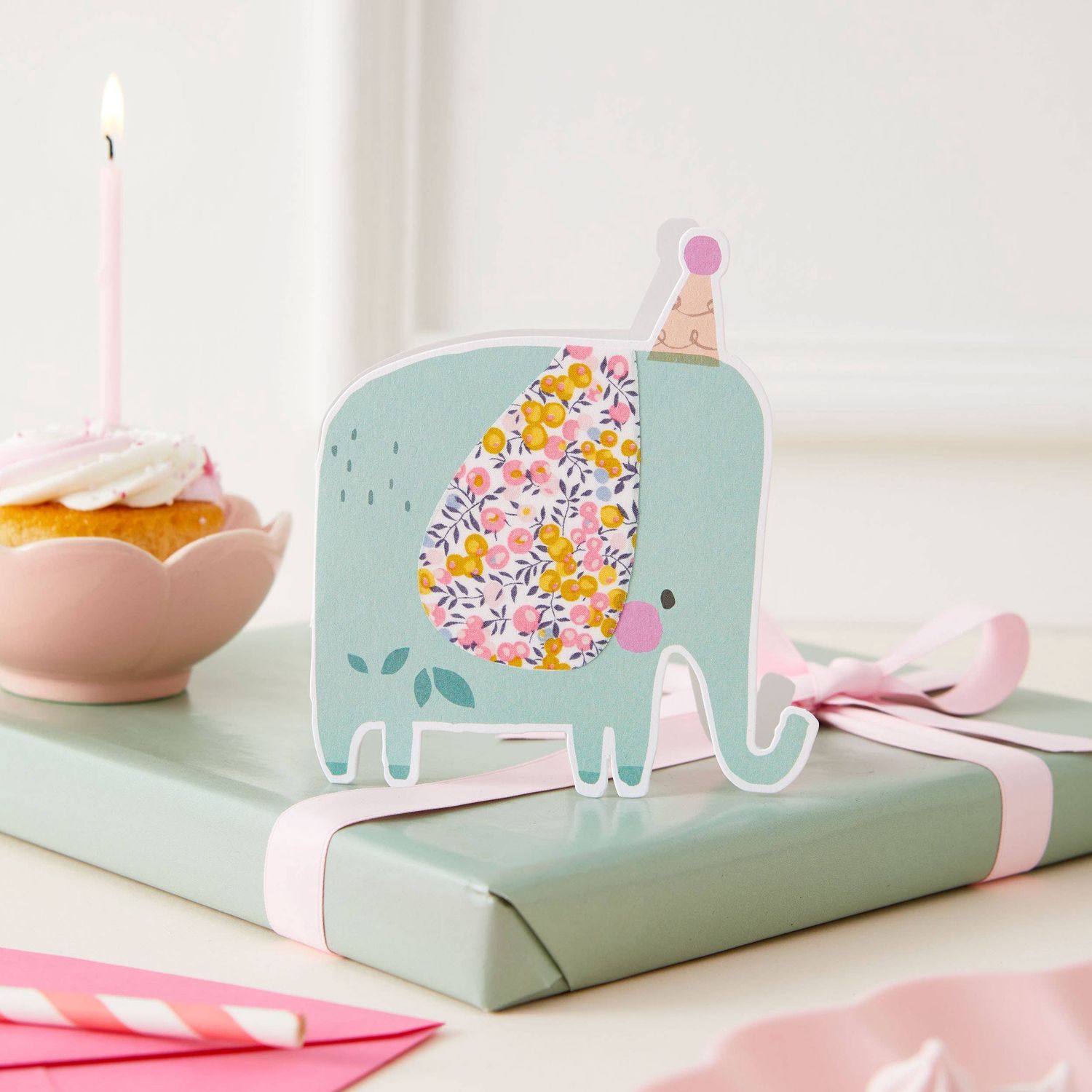 Elephant Die Cut Card - Wiltshire Bud Fabric
