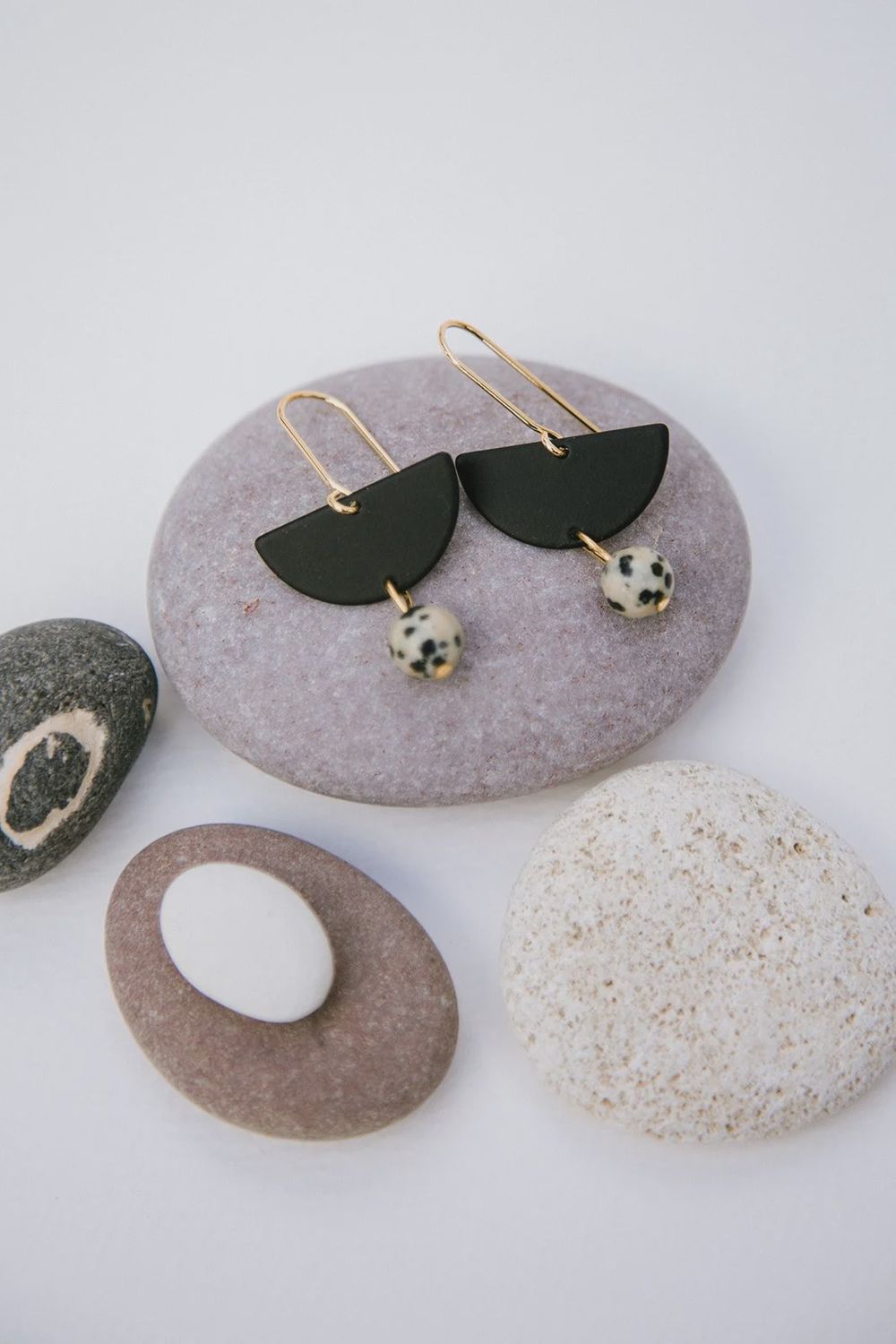 Dalmation Jasper Semi Drop Earrings with Gold Hoops