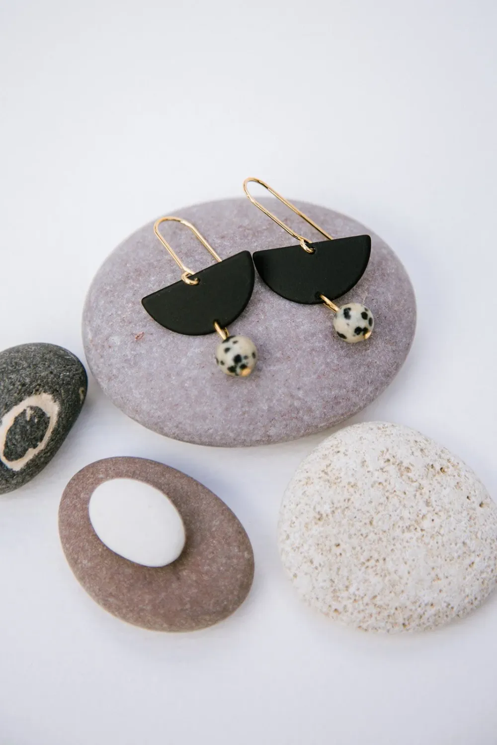 Dalmation Jasper Semi Drop Earrings with Gold Hoops