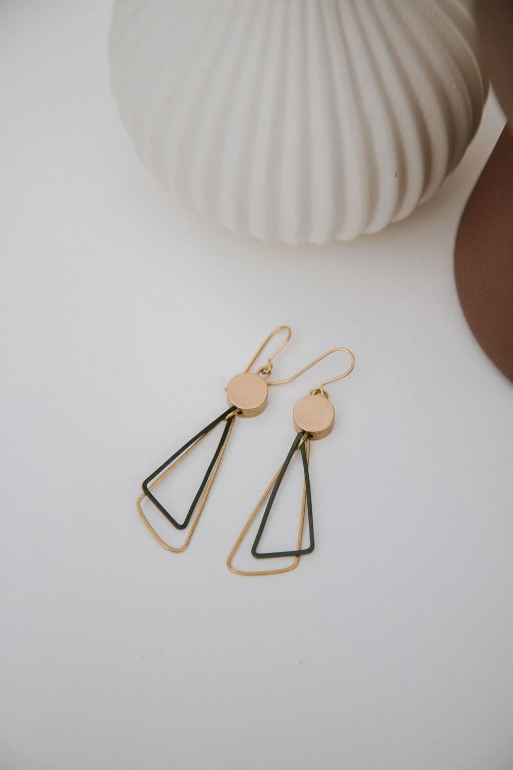 Black and Brass Triangles Drop Earrings