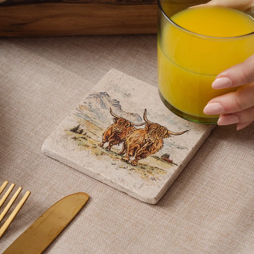 Ceramic Stone Coaster, type: Scenic Highland Cow