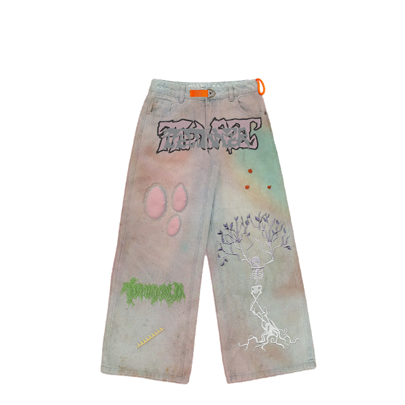 Figures embroidered and hand airbrushed  denim Pants