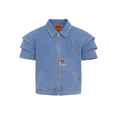 Denim jacket with layered short sleeve