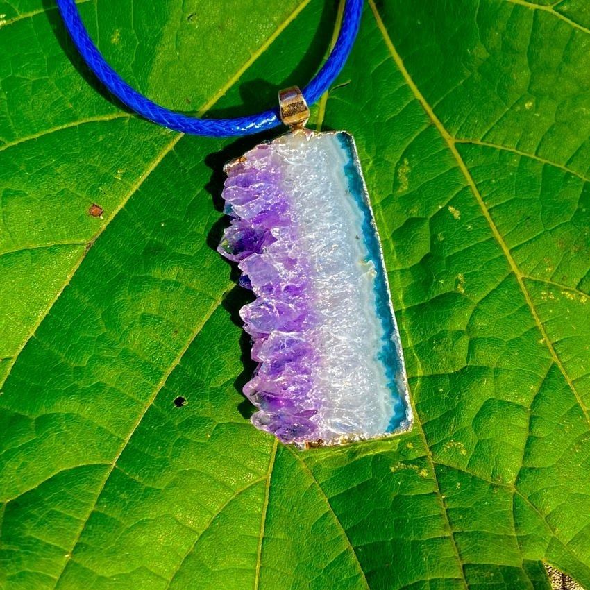 Amethyst Slice Pendant Necklace On Wax Cord