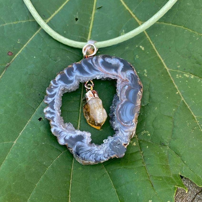 Druzy Agate Geode Slice With Citrine Teardrop Pendant Necklace On Wax Cord