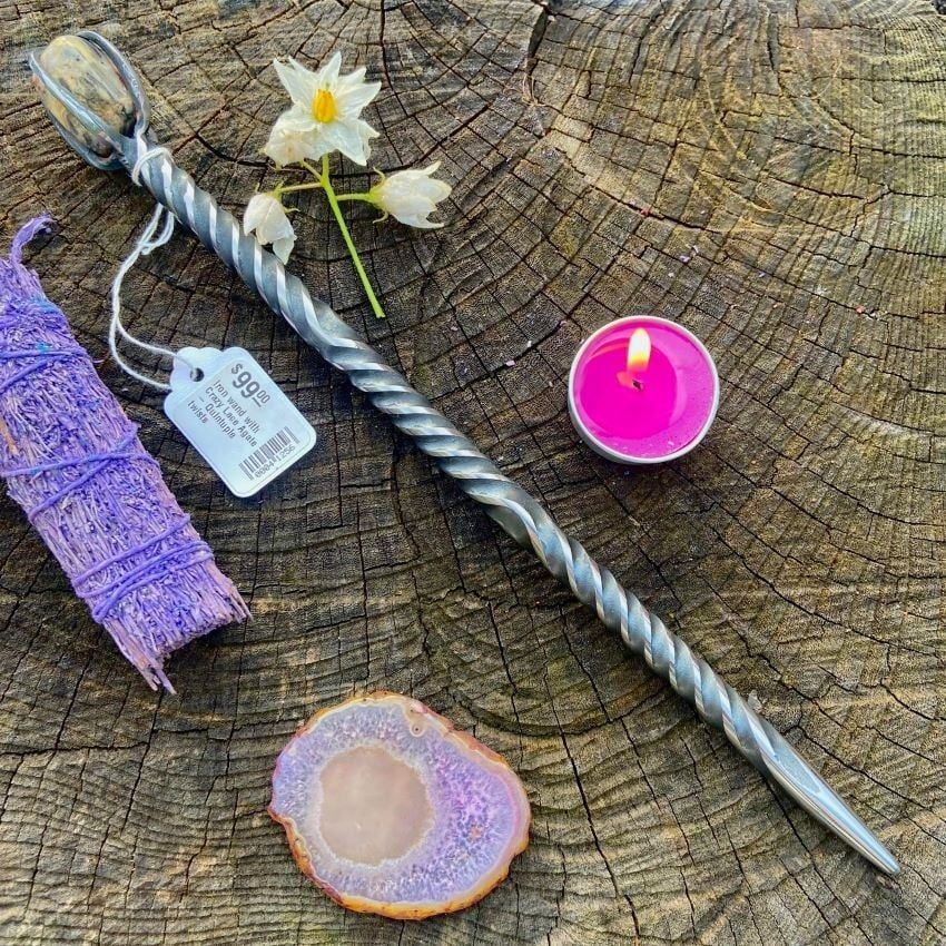 Iron wand with Crazy Lace Agate - Triple twists
