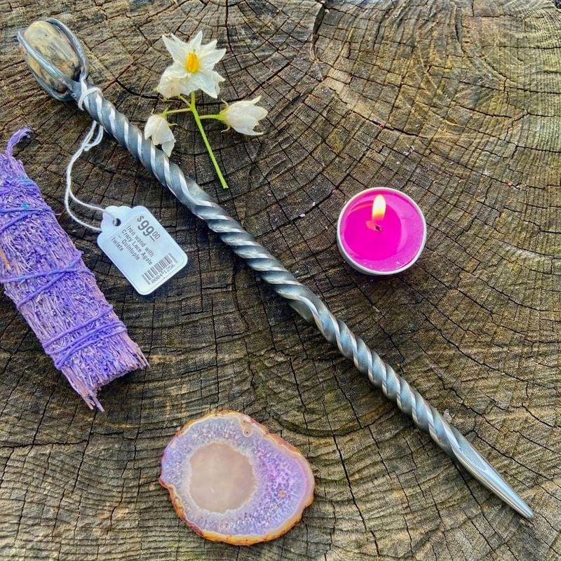 Iron wand with Crazy Lace Agate - Triple twists