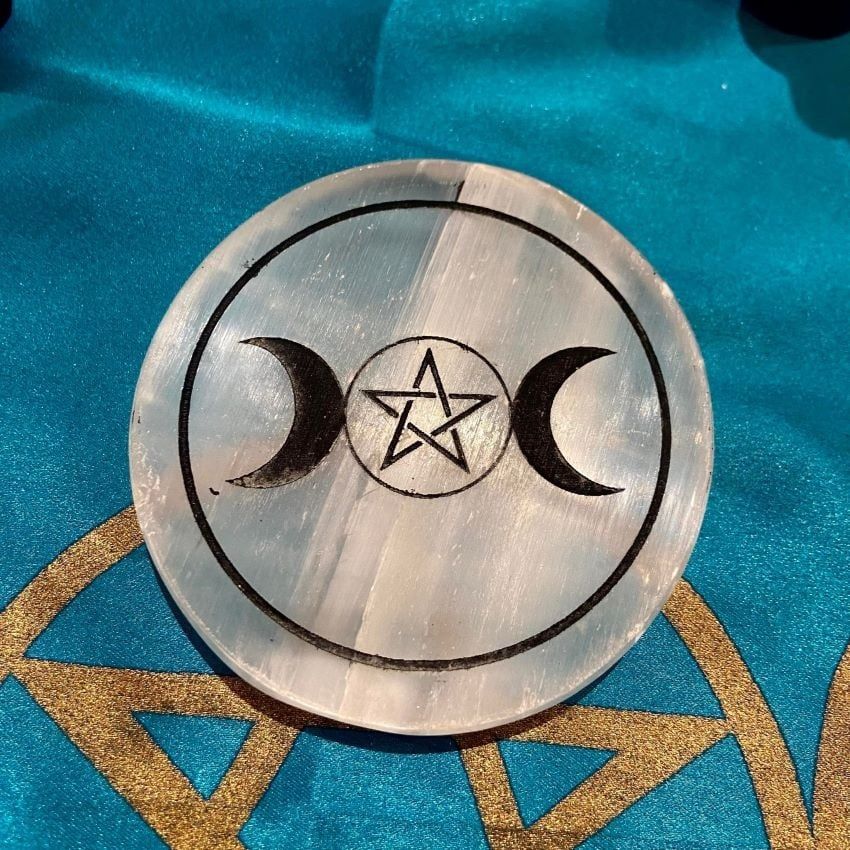 3 inch selenite altar tile with Triple Moon Pentacle