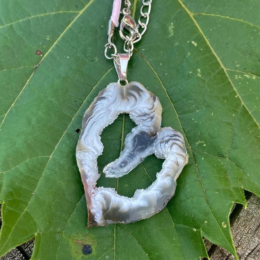 Druzy Agate Geode Slice Pendant Necklace On Wax Cord