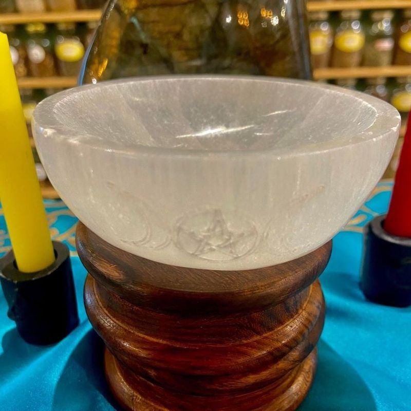 Selenite Offering Bowl 4&quot; Engraved with Triple Moon Pentagram