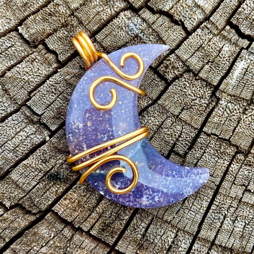 Luna Ignis Grape Agate Crescent Moon Brass Wrapped Pendant