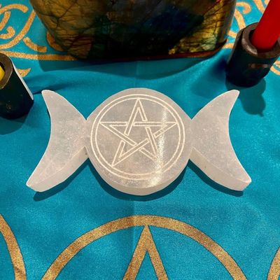 Selenite Triple Moon Pentacle Altar Tile