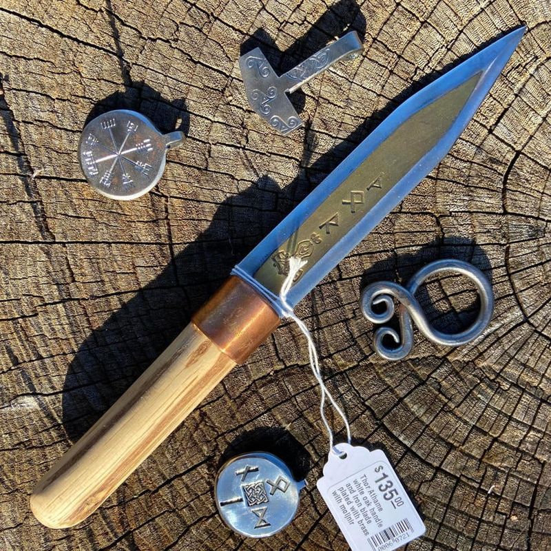 Thor Athame white oak handle and iron blade plated with brass with Mjolnir